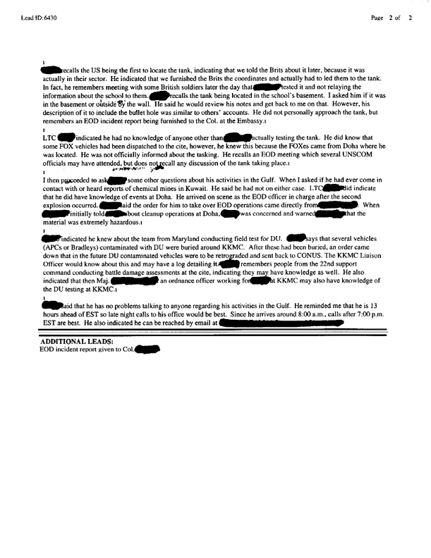 Lead sheet 6430, Interview with senior US EOD officer in theater, October 15, 1997