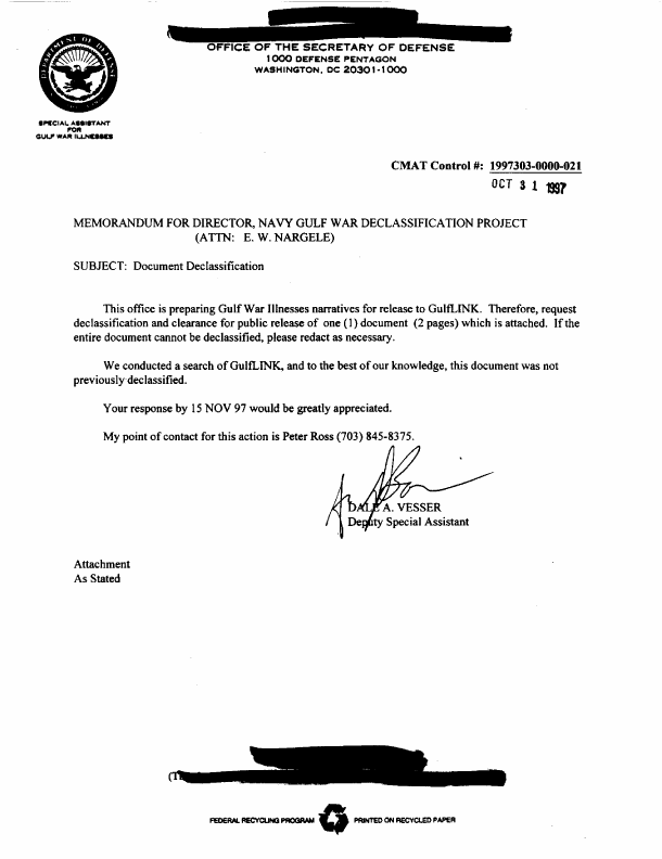 US Navy, Message, Subject: �Distribution of Explosive Components from Desert Storm Captive Hardware,� 291338Z October 1991
