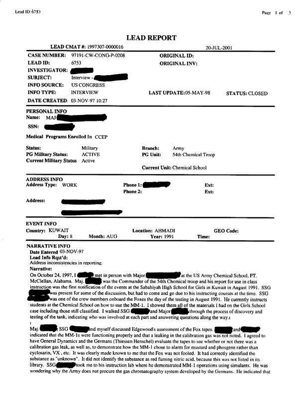 Lead Sheet 6753, Interview with Major Michael F. Johnson, November 3, 1997,