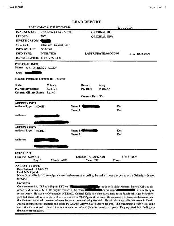 Lead sheet 7005, Interview with Major General Patrick Kelly, USA (Ret.), November 13, 1997