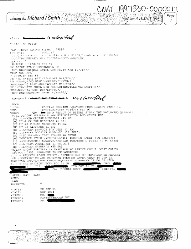 Joint Staff, Message, Subject: �Captive Foreign Hardware from Desert Storm,� 121910Z September1991