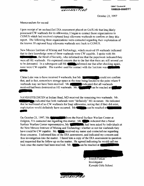 Memorandum for record by lead analyst, Office of the Special Assistant for Gulf War Illnesses, No Subject,  October 21, 1997