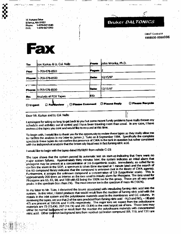 Letter from Bruker Daltonics, Subject: �Analysis of Fox Tapes,� December 15, 1997