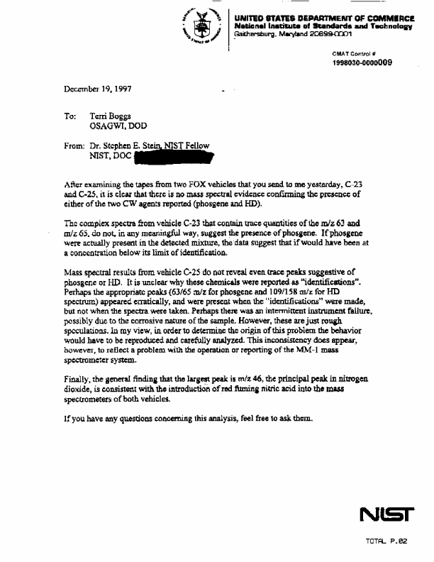 Letter from National Institute of Standards and Technology, Letter, No Subject, December 19, 1997