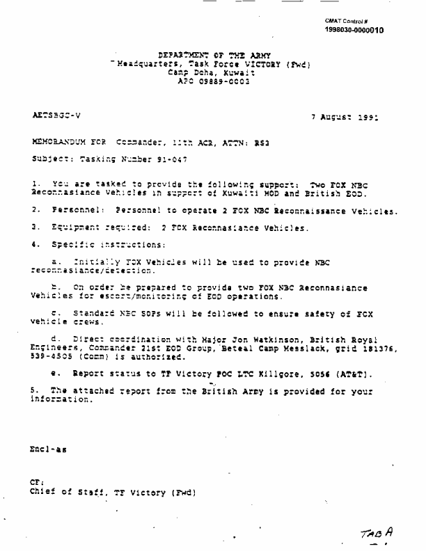 Memorandum to commander, 11th Armored Cavalry Regiment, Subject: �Tasking Number 91-047,� August 7, 1991
