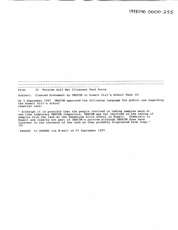 Memorandum from Persian Gulf War Illnesses Task Force to the Special Assistant for Gulf War Illnesses, 
Subject: �Cleared Statement by UNSCOM on Kuwait Girl�s School Tank,� January 22, 1998