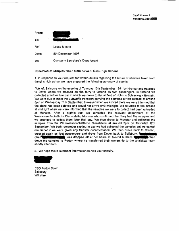 Memorandum from Chemical and Biological Defence Establishment (UK), 
Subject: �Collection of samples taken from Kuwaiti Girls High School,� December 8, 1997
