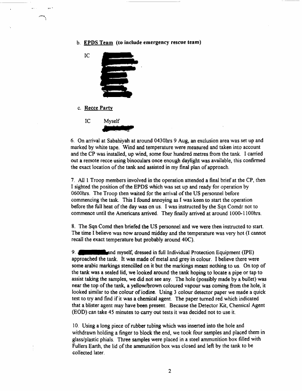Statement of troop commander of 1st Troop, 21st EOD Squadron, Subject: �Chemical Incident Sabahiyah Girls School, 
Kuwait 1991,� November 10, 1997