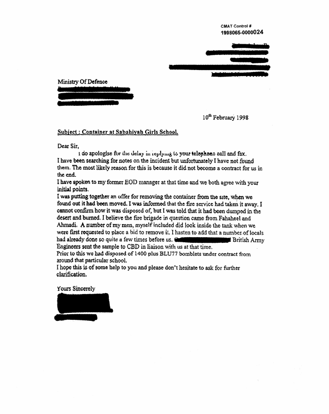 Letter from Passive Barriers Ltd. employee, Subject: �Container at Sabahiyah Girls School,� February 10, 1998.