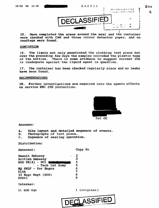 Report from 21st EOD Squadron Group, Subject:�Report on the Resealing of the Salabiyah Chemical Container,� August 25, 1991