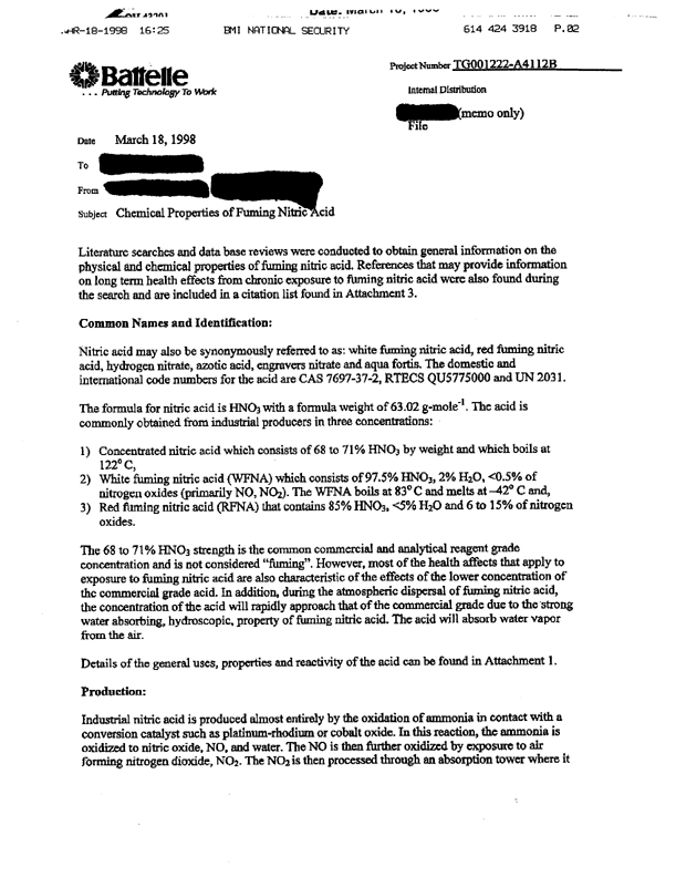 Memorandum from Battelle, Subject: �Chemical Properties of Fuming Nitric Acid,� March 18, 1998