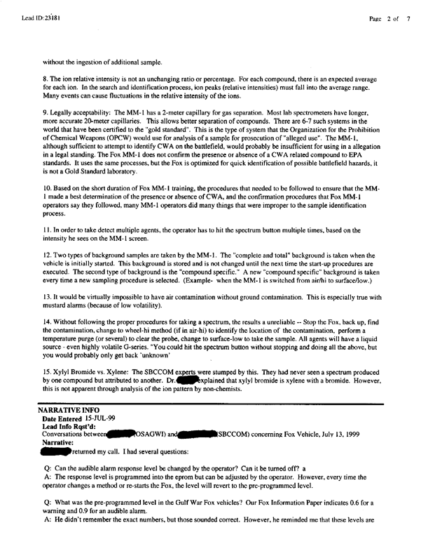 Lead sheet 23181, Meeting with Fox subject matter experts, August 26, 1999