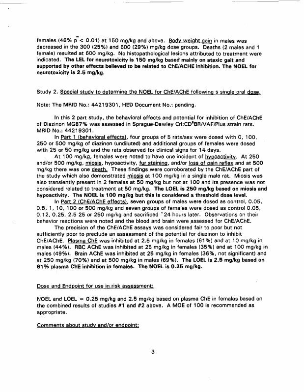 US Environmental Protection Agency, Office of Pesticide Programs, Health Effects Division, Toxicology Endpoint Selection Document for Diazinon, doc. no. 013157), June 4, 1997, p. 4.