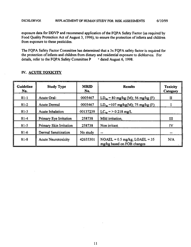 Environmental Protection Agency, Dichlorvos (DDVP)-Replacement of Human Studies Used in Risk Assessments-Report of the Hazard Identification Assessment Review Committee, HED document #013434, June 2, 1999, p. 12.