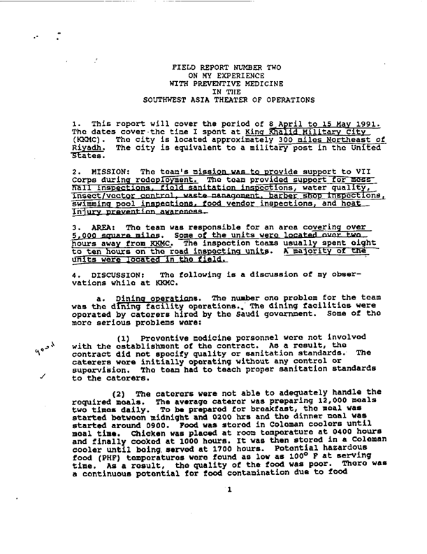   Preventive Medicine Detachment � Southwest Asia, �Field Report #2 on Preventive Medicine in Southwest Asia,� August 17, 1991.