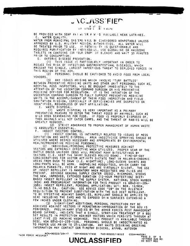   US Central Command, CENTCOM Surgeon message, Subject: �Preventive Medicine Guidance for Operation Desert Shield,� August 10, 1990, p. 2.