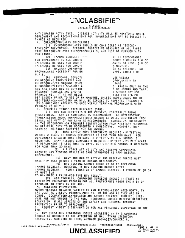 US Central Command, USCENTCOM Surgeon message, Subject: �Preventive Medicine Guidance for Operation Desert Shield,� August 10, 1990, p. 2.