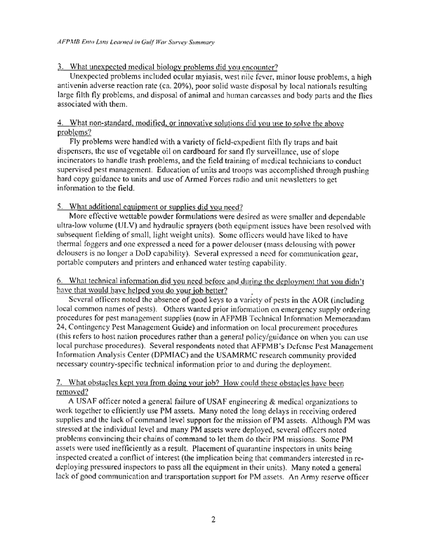   Armed Forces Pest Management Board, Summary:  AFPMB Questionnaire on Lessons Learned from the Gulf War, August 25, 2000, p. 1-3.
