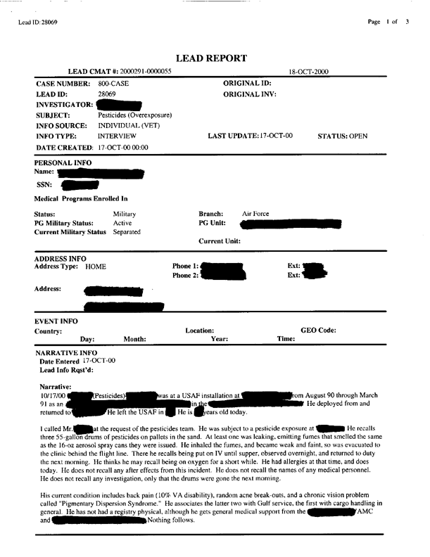   Lead Sheet #28069, Interview with 3rd Mobile Aerial Port Squadron air trans. specialist, October 17, 2000.  