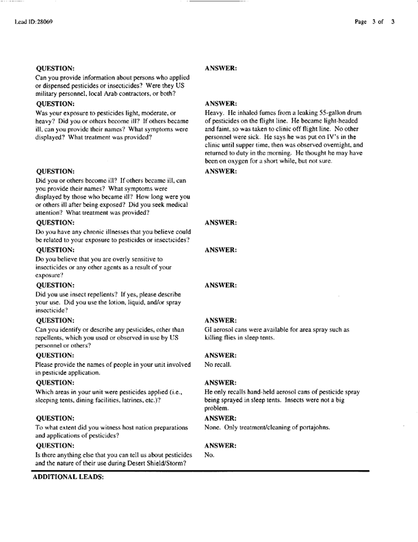   Lead Sheet #28069, Interview with 3rd Mobile Aerial Port Squadron air trans. specialist, October 17, 2000.  