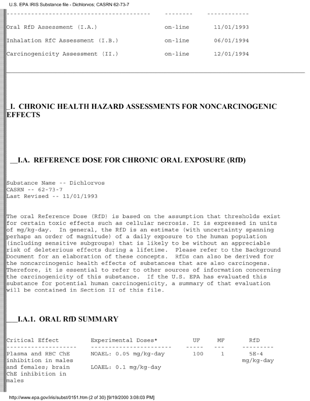 Environmental Protection Agency, Integrated Risk Information System (IRIS), �Dichlorvos,� [online]. Available from: http://www.epa.gov/iris/subst/0151.htm. [Updated September 24, 2002.], p. 13.