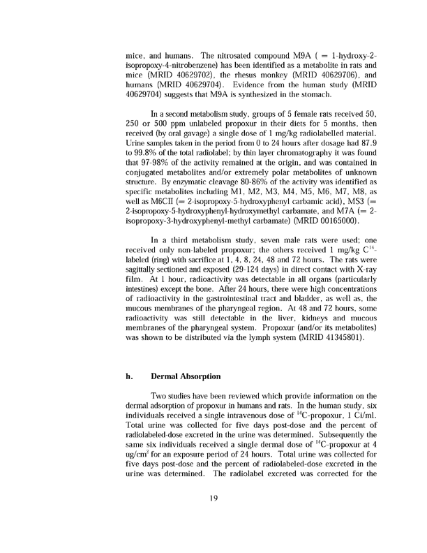 Environmental Protection Agency, Office of Pesticide Programs, �Registration Eligibility Decision, Propoxur,� August 1997, p. 19-20