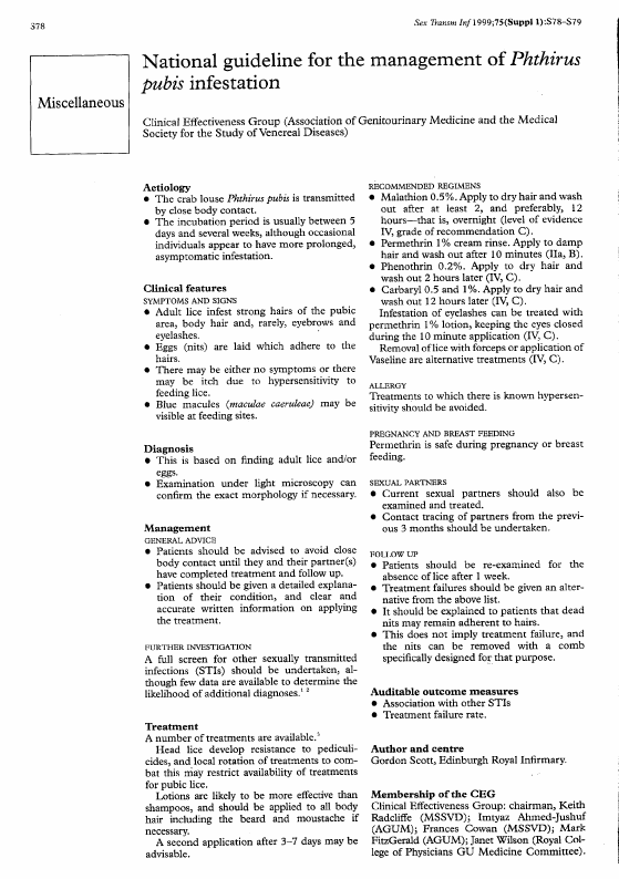 Scott, Gordon, �National Guideline for the Management of Phthirus Pubis Infestation,� Sexually Transmitted Infections, August 1999, p. S78.