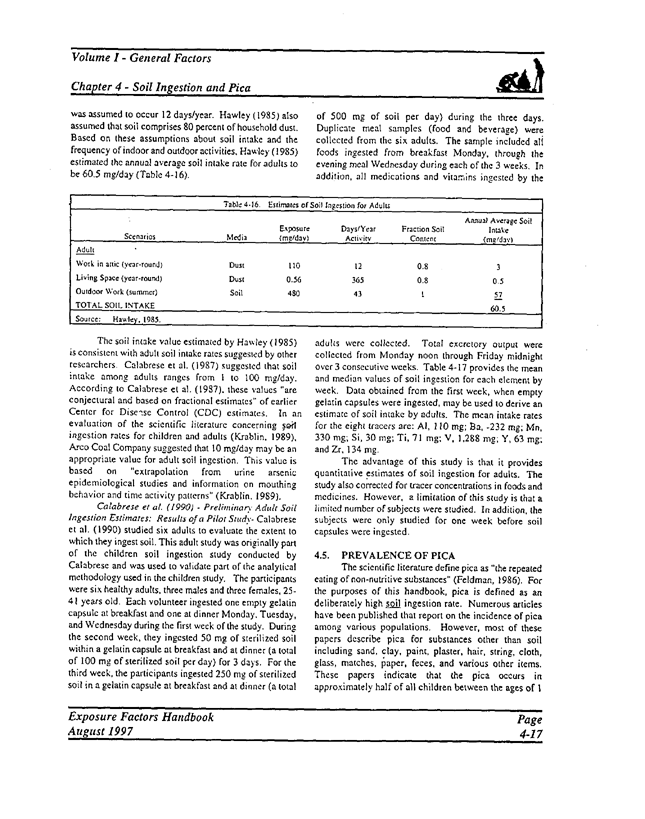 US Environmental Protection Agency, Office of Research and Development, Exposure Factors Handbook.  Volume I, General Factors, EPA/600/P-95/002a, August 1997, pp. 416-421.