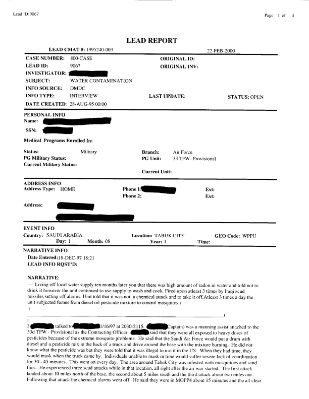   Lead Sheet #9067, Interview with a US Air Force contracting officer stationed in Tabuk City, January 16, 1997.
