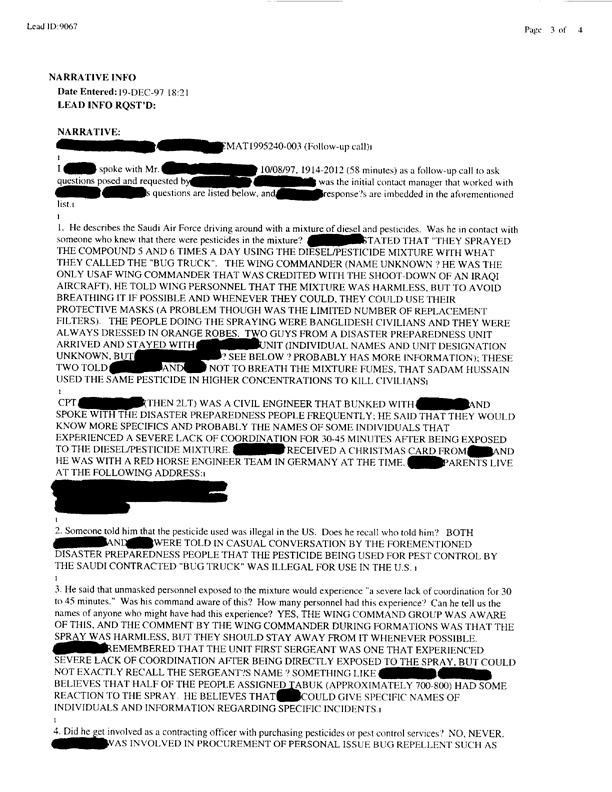   Lead Sheet #9067, Interview with a US Air Force contracting officer stationed in Tabuk City, January 16, 1997.