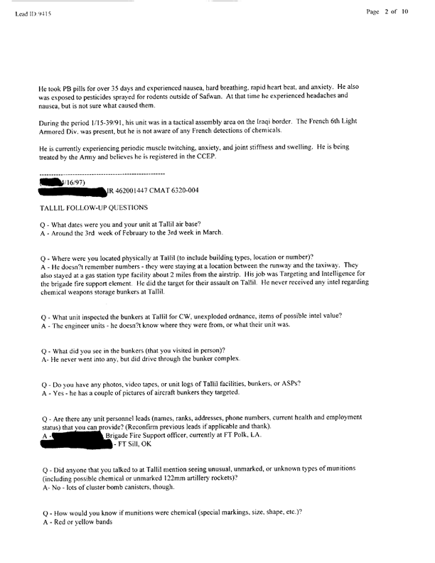   Lead Sheet #9415, Interview with 319th airborne Field Arty Regiment targeting/intell. specialist, May 20, 1997.