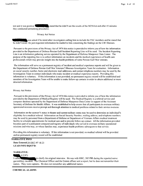   Lead Sheet #9415, Interview with 319th airborne Field Arty Regiment targeting/intell. specialist, May 20, 1997.