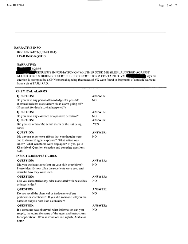   Lead Sheet #12465, Interview with 53rd Quartermaster Detachment airborne rigger, August 19, 1999.