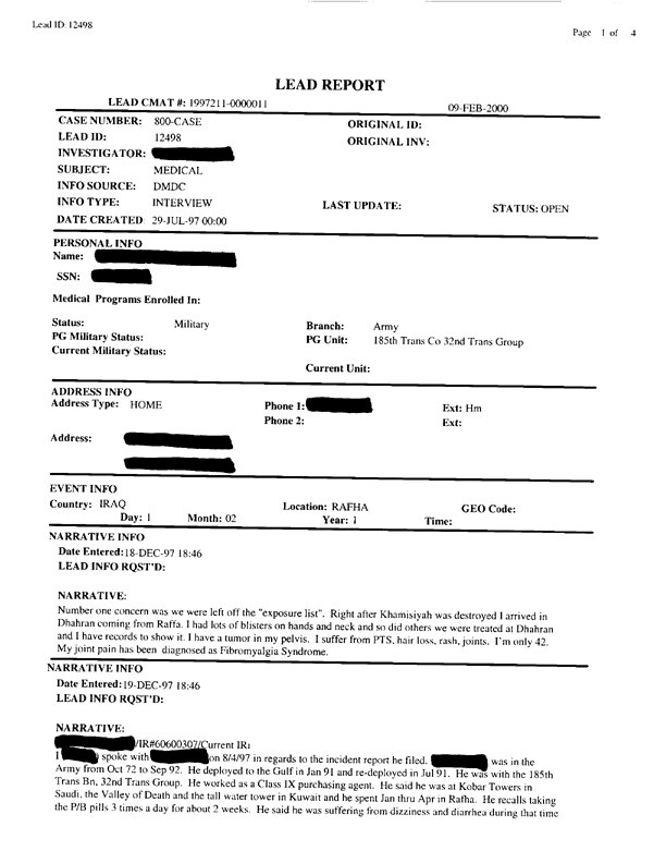   Lead Sheet #12498, Interview with 185th Transportation Co. purchasing agent, August 4, 1997.