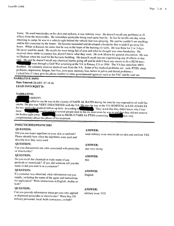   Lead Sheet #12498, Interview with 185th Transportation Co. purchasing agent, August 4, 1997.
