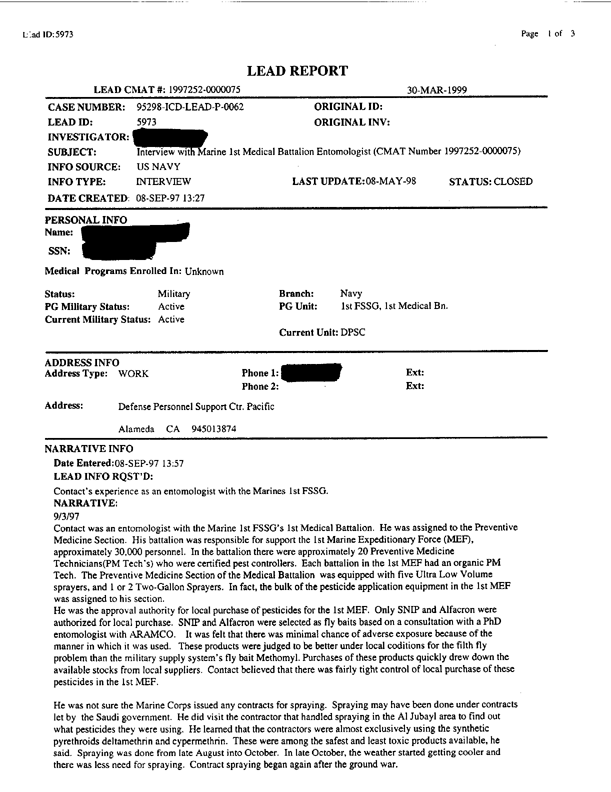 Lead Sheet #5973, Interview with Marine 1st Medical Battalion entomologist, September 3, 1997.