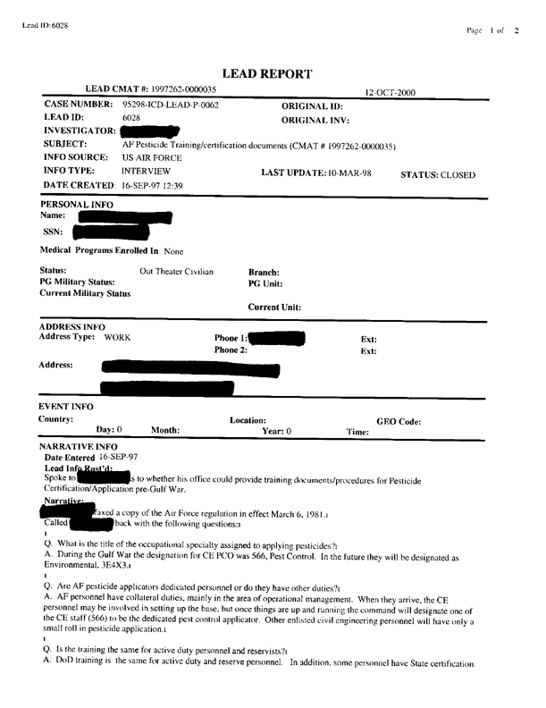 Lead Sheet #6028, Interview with Air Force civil engineer, September 16, 1997.