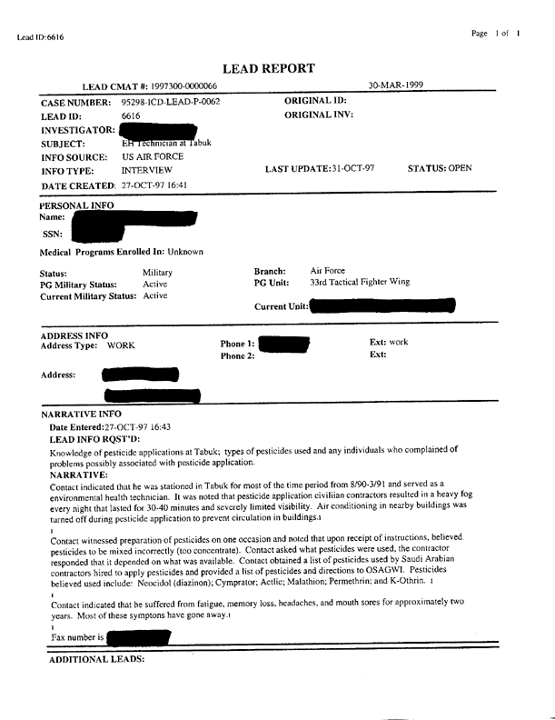 Lead Sheet #6616, Interview with Air Force environmental health technician, October 27, 1997.