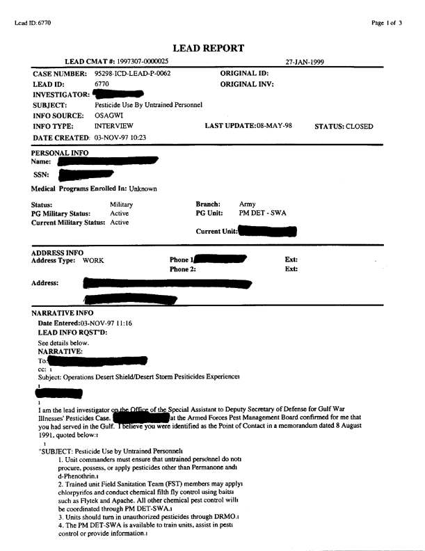 Lead Sheet #6770, Interview with an Army Central Command staff entomologist, November 3, 1997.