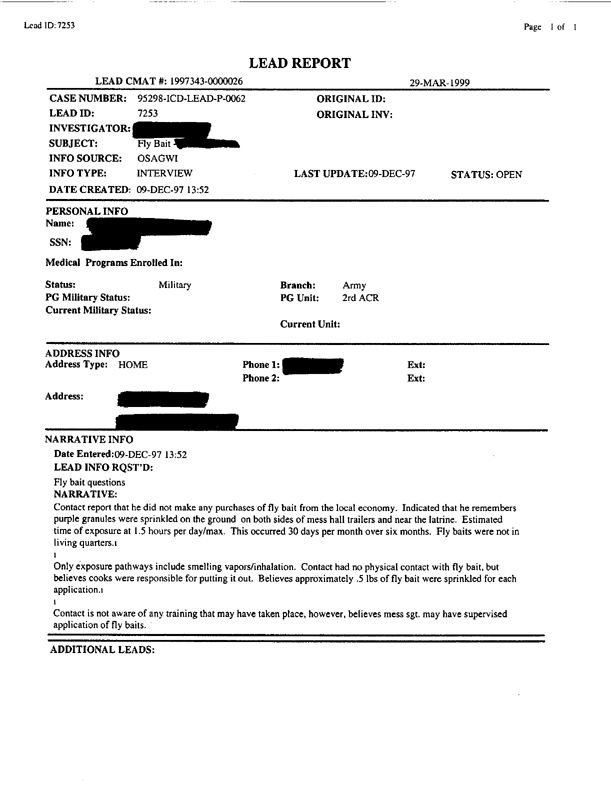 Lead Sheet #7253, Interview with 2nd Armored Cavalry Regiment veteran, December 9, 1997.