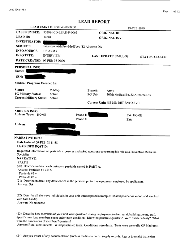   Lead Sheet #14384, Interview with 307th Medical Battalion preventive medicine specialist, February 9, 1998.