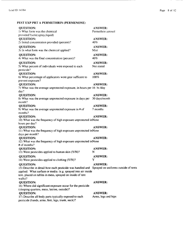   Lead Sheet #14384, Interview with 307th Medical Battalion preventive medicine specialist, February 9, 1998.