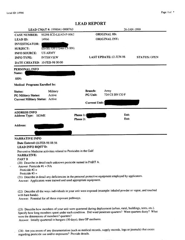 Lead Sheet #14966, Interview with 24th ID, 724th CS BN environmental science officer, February 10, 1998; 