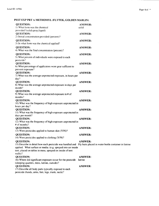   Lead Sheet #14966, Interview with 24th ID, 724th Combat Support Battalion, Company F environmental science officer, February 10, 1998.