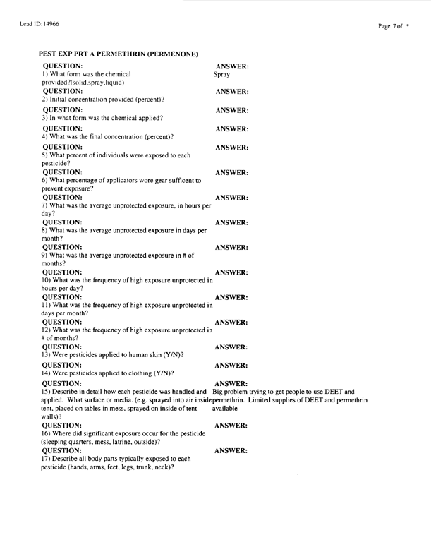   Lead Sheet #14966, Interview with 24th ID, 724th Combat Support Battalion, Company F environmental science officer, February 10, 1998.