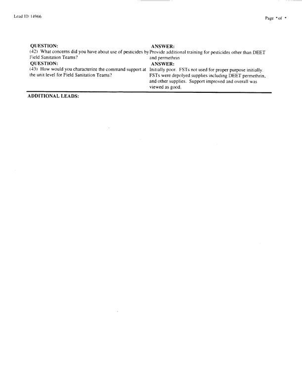   Lead Sheet #14966, Interview with 24th ID, 724th Combat Support Battalion, Company F environmental science officer, February 10, 1998.