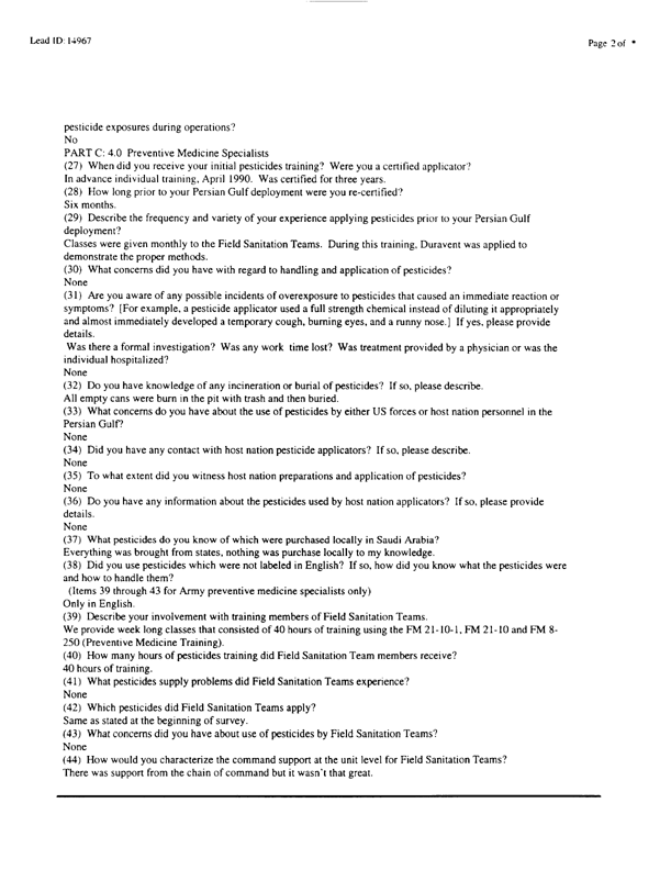   Lead Sheet #14967, Interview with 71st Medical Detachment preventive medicine specialist, February 10, 1998.