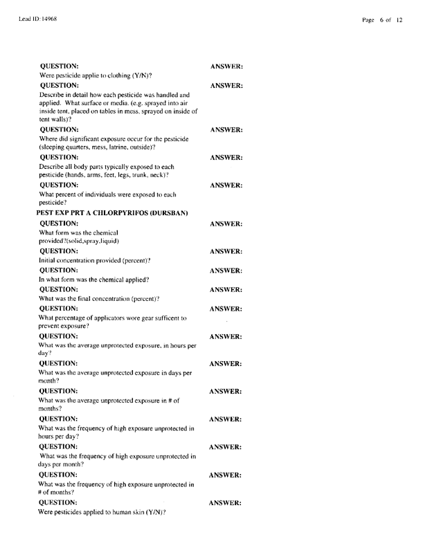   Lead Sheet #14968, Interview with 714th Medical Detachment preventive medicine specialist, February 10, 1998.