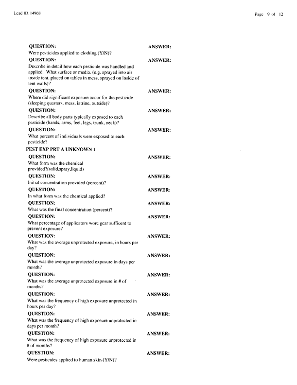   Lead Sheet #14968, Interview with 714th Medical Detachment preventive medicine specialist, February 10, 1998.