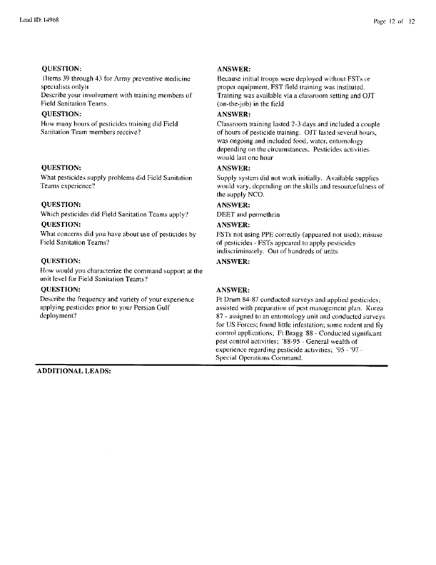 Lead Sheet #14968, Interview with 714th Medical Detachment preventive medicine specialist, February 10, 1998.